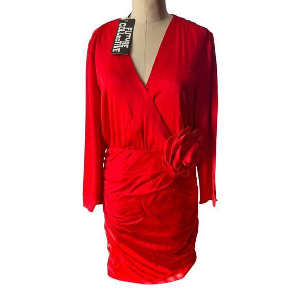 Red Satin cocktail Dress with Flower detail size 10 party,holiday  new - Picture 1 of 5